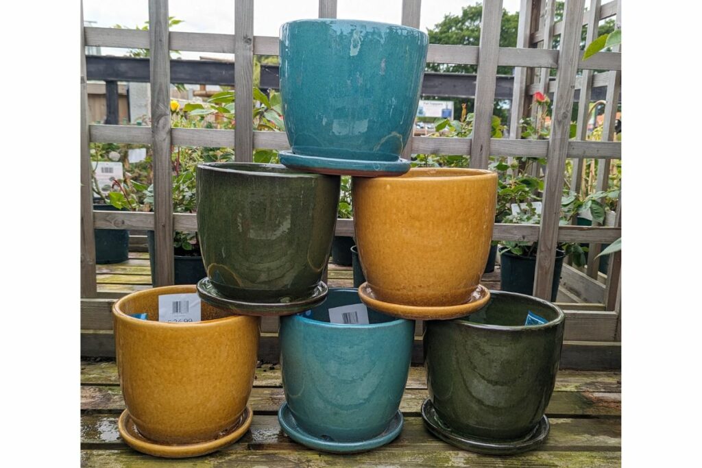 Glazed pots at Hilltop Garden Centre Essex