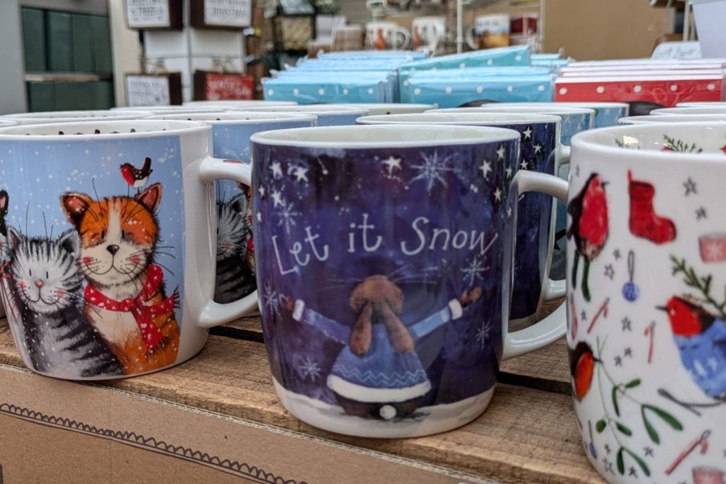 Christmas mugs and gifts at Hilltop Garden Centre Essex