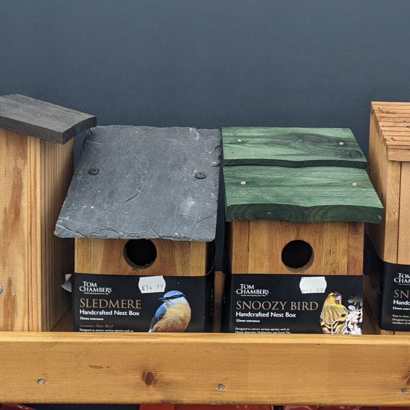 Bird boxes and food at Hilltop garden Centre Essex