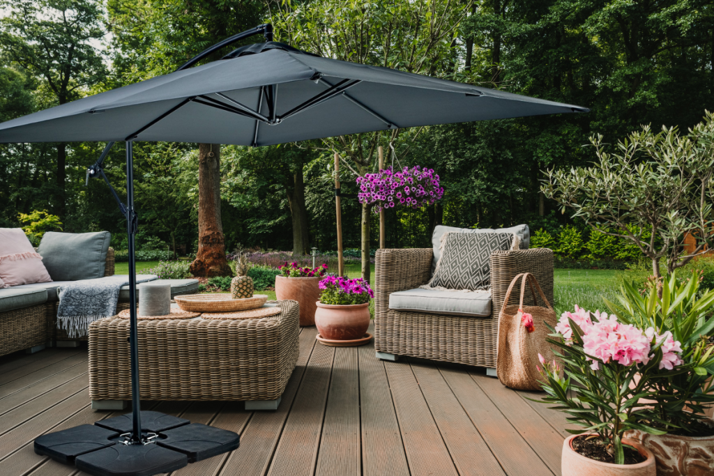 Outdoor furniture and parasol at Hilltop Garden Centre Essex